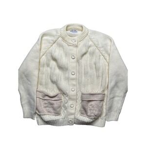 VTG Fully fashioned Cable Knit Button Front Sweater Pink Floral Pockets Womens s